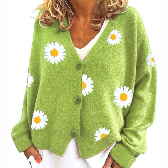 Embroidered Daisy Flower Green Knit Cardigan Women’s Sweater Size S/M - Picture 1 of 11